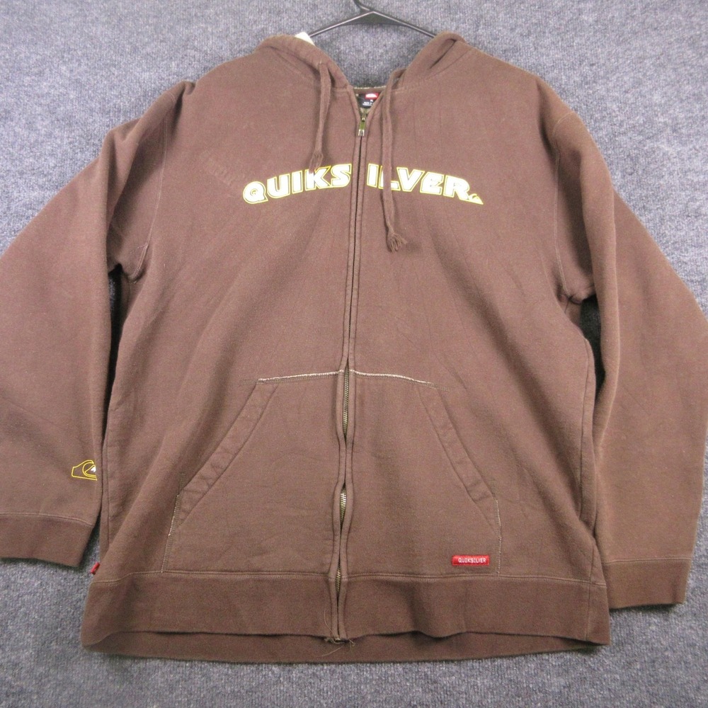 Y2K Quiksilver Hoodie Mens XL Brown Full Zip Graphic Logo Surf Fleece Sweatshirt